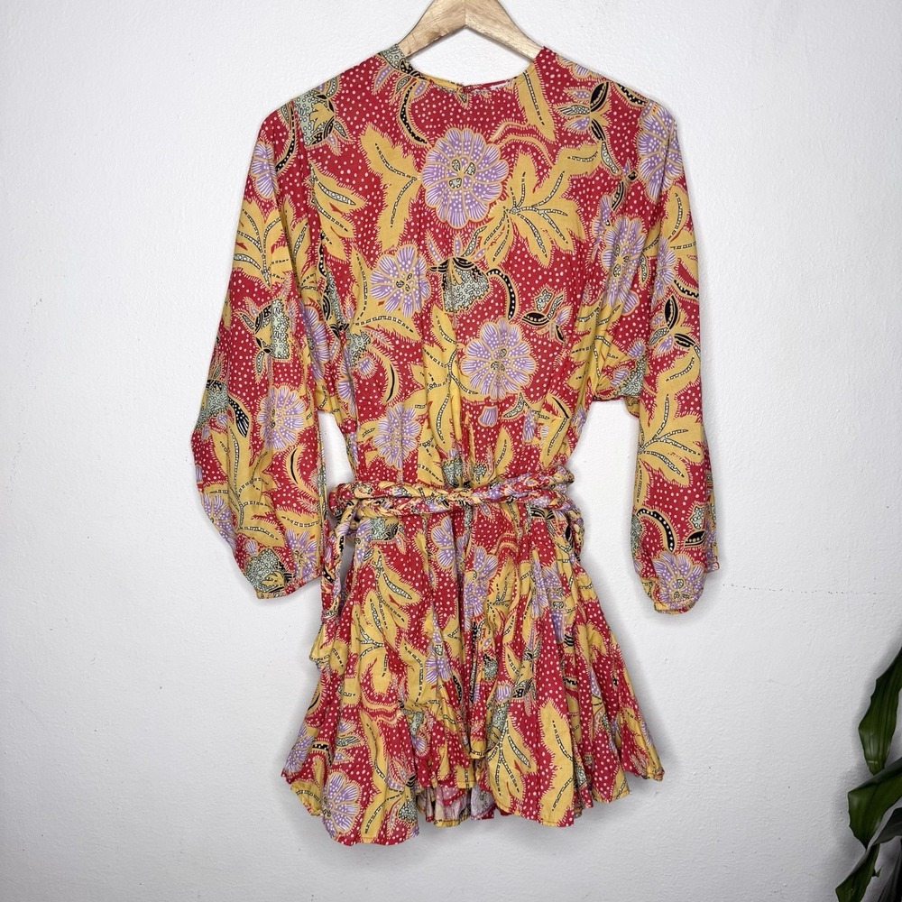 Rhode Ella Red Floral Mini Dress Pleat cotton Resortwear Colorful Women's XS